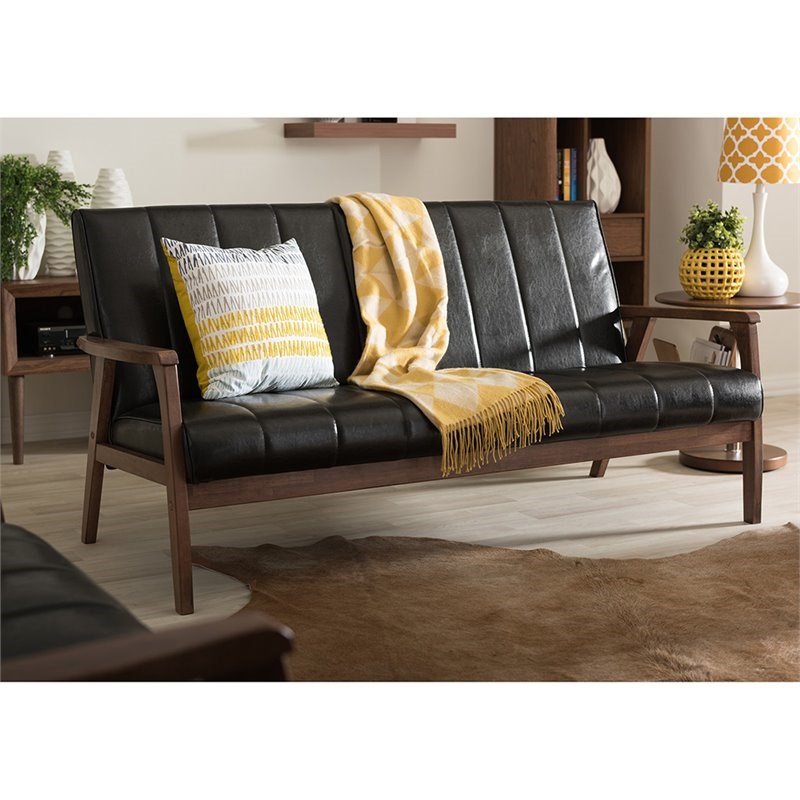 Allora Faux Leather Sofa in Black and Walnut