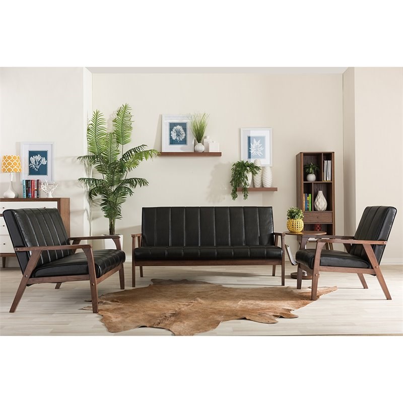 Allora Faux Leather Sofa in Black and Walnut