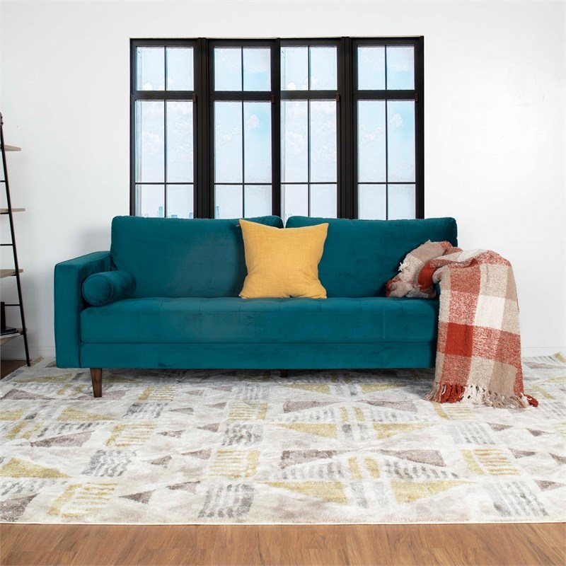 Allora Mid-Century Modern Cushion back Velvet Sofa in Turquoise