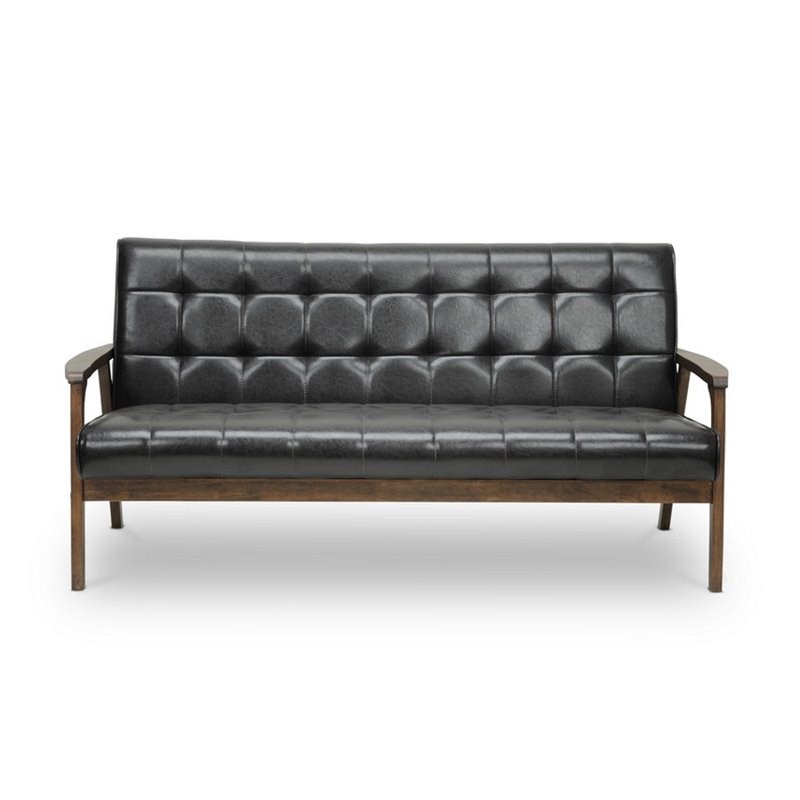 Allora Mid-Century Wood and Faux Leather Sofa in Brown