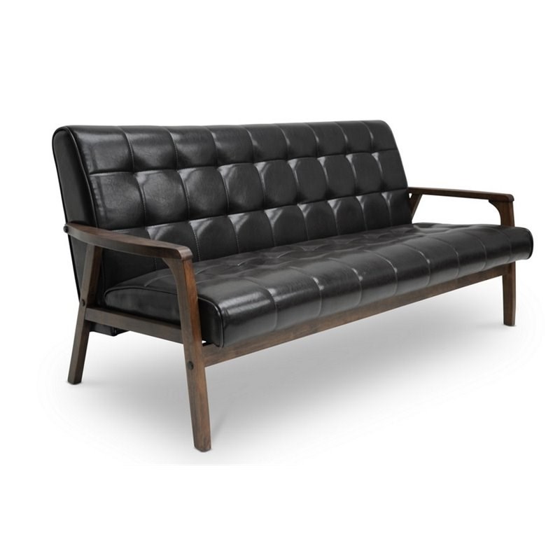 Allora Mid-Century Wood and Faux Leather Sofa in Brown