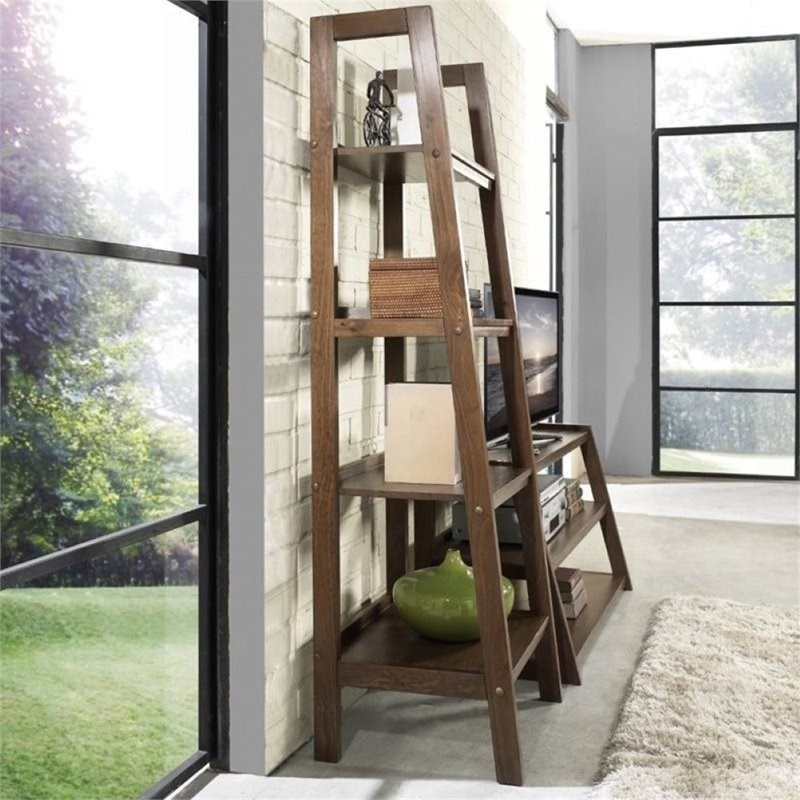 Allora 4 Shelf Solid Wood Ladder Bookcase in Saddle Brown Homesquare