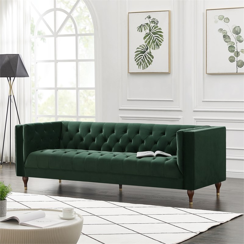 Allora Mid Century Modern Velvet Fabric Sofa in Forest Green