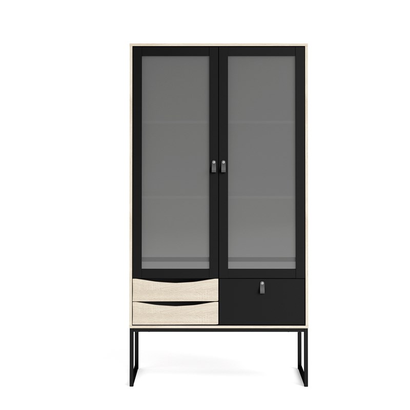 Allora 2 Glass Door China Cabinet with 3 Drawers in Black Matte/Oak Structure
