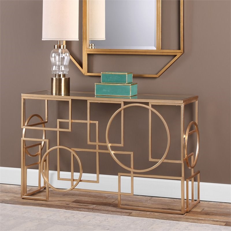 Allora Contemporary Glass Top Accent Console Table in Gold