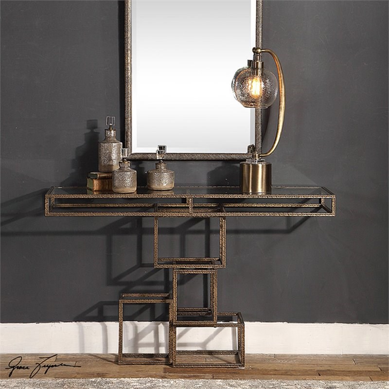 Allora Contemporary Glass Top Accent Console Table in Gold and Bronze