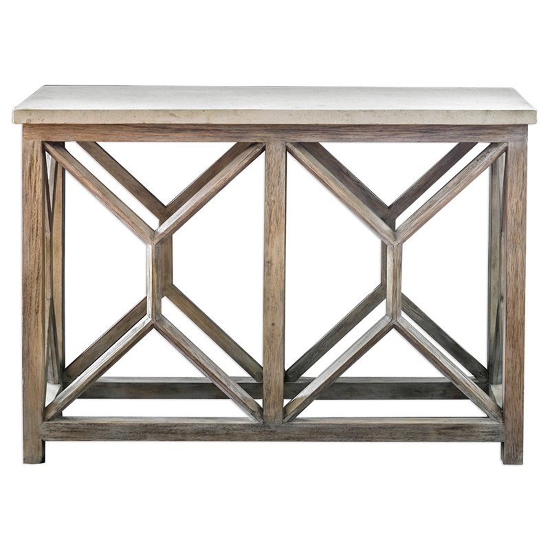 Allora Mid-Century Stone Top Accent Console Table in Ivory and Oatmeal