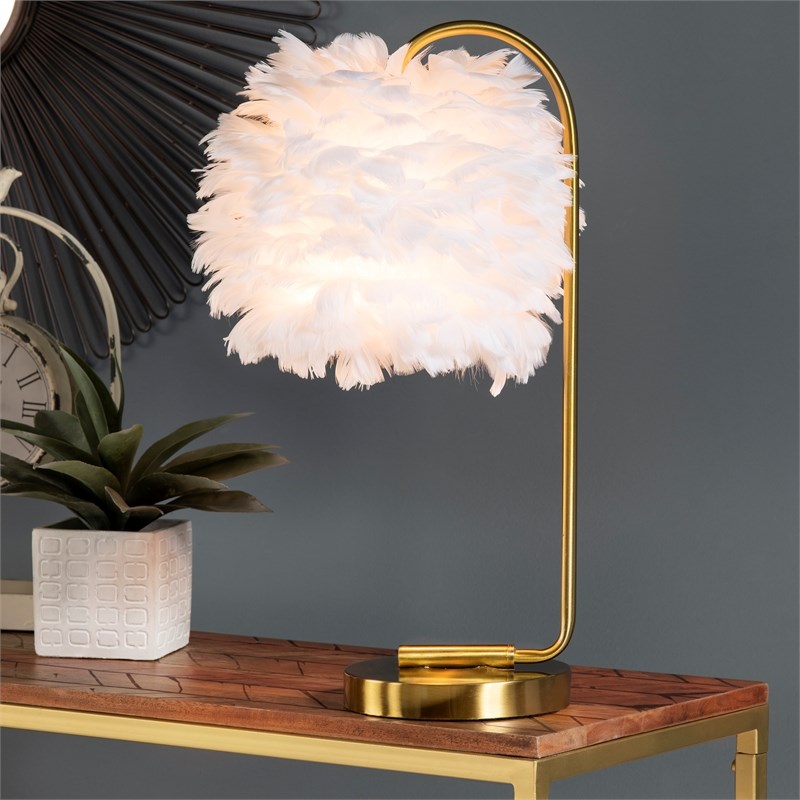 Evolution Metal Task Lamp with White Faux Feather Shade in Gold
