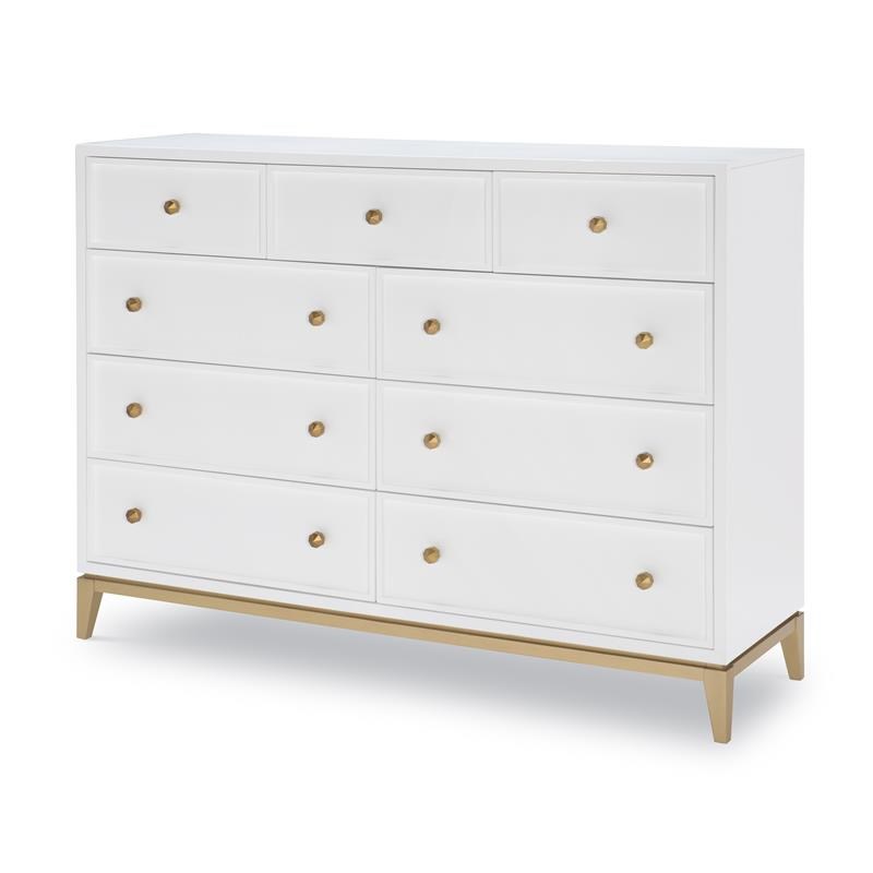 Legacy Classic Chelsea Nine Drawer Dresser in White Wood with Soft Gold Legs