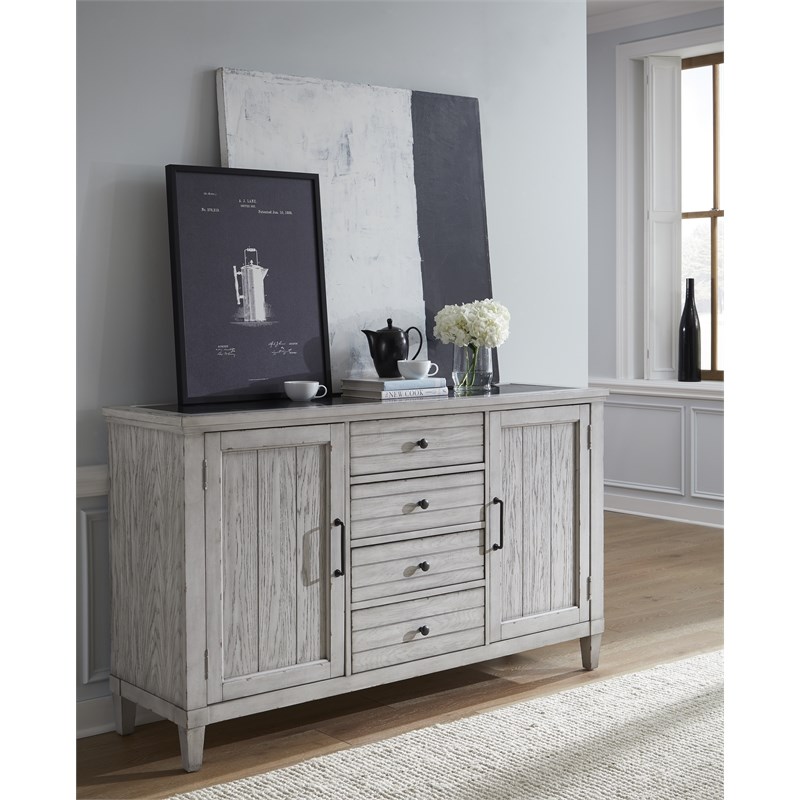 Belhaven Inset Marble Top Credenza in Weathered Plank Finish Wood
