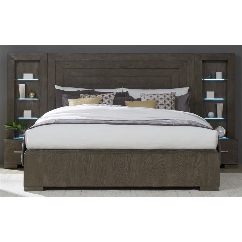 Facets California King Wall Panel Bed in Mink with Silver Undertones Color Wood