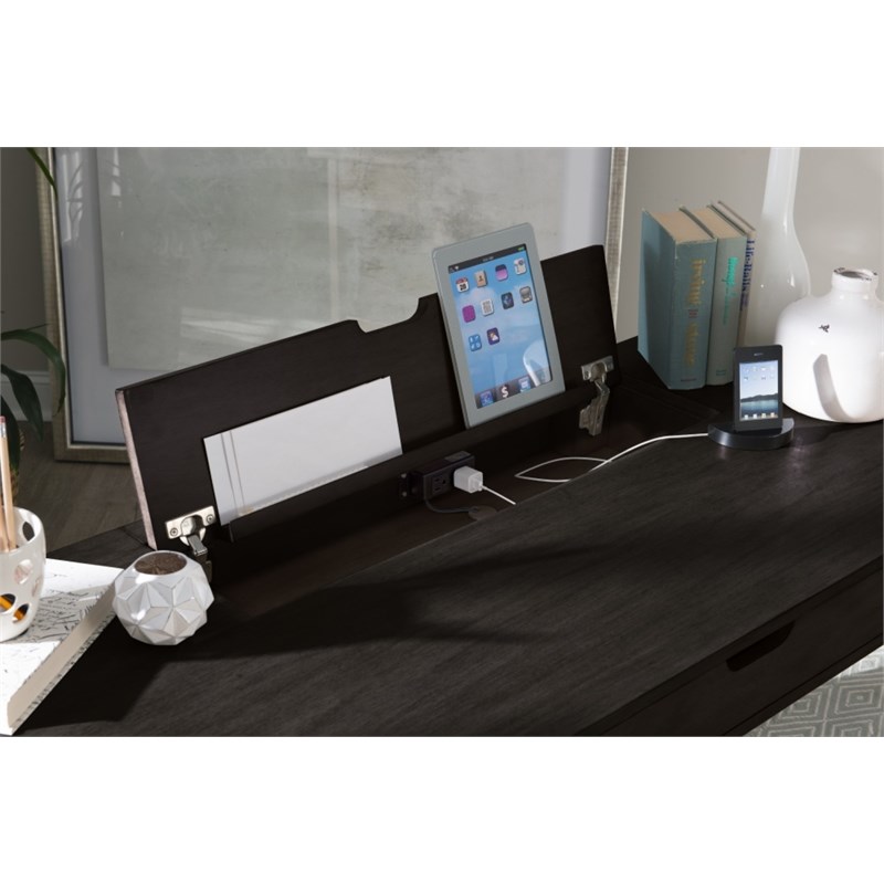 Home Office Hardwood Flip Top Desk in Black with Wire Management