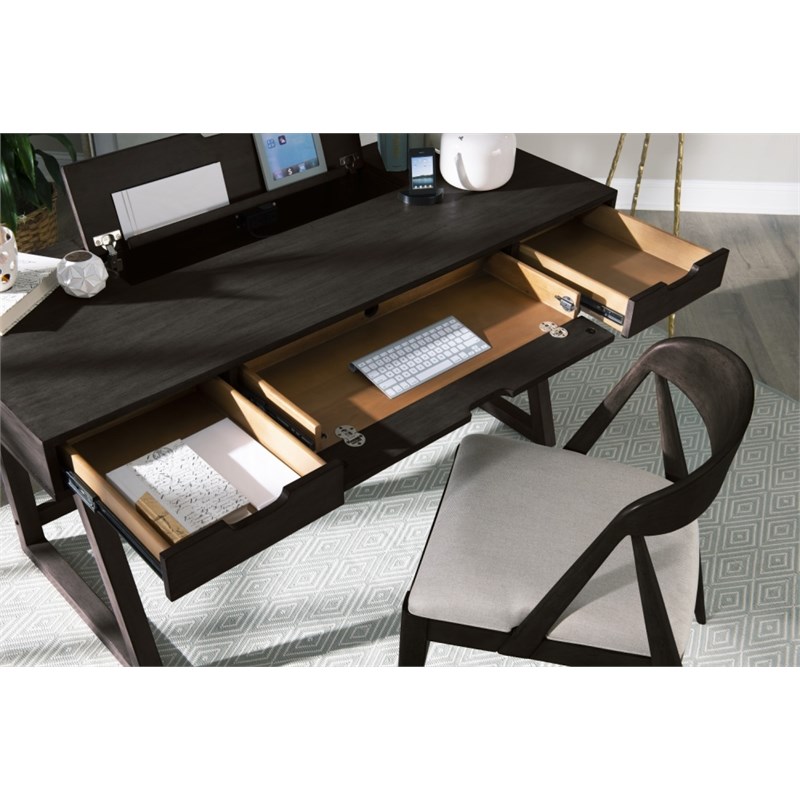 Home Office Hardwood Flip Top Desk in Black with Wire Management