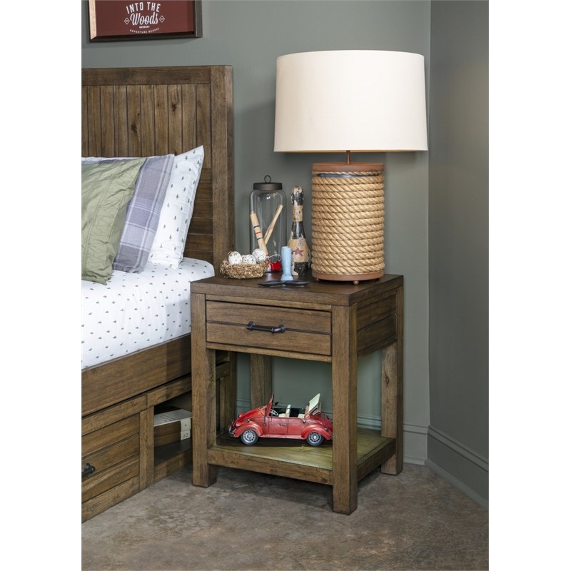 Summer Camp 1-Drawer Wood Open Night Stand in Tree House Brown