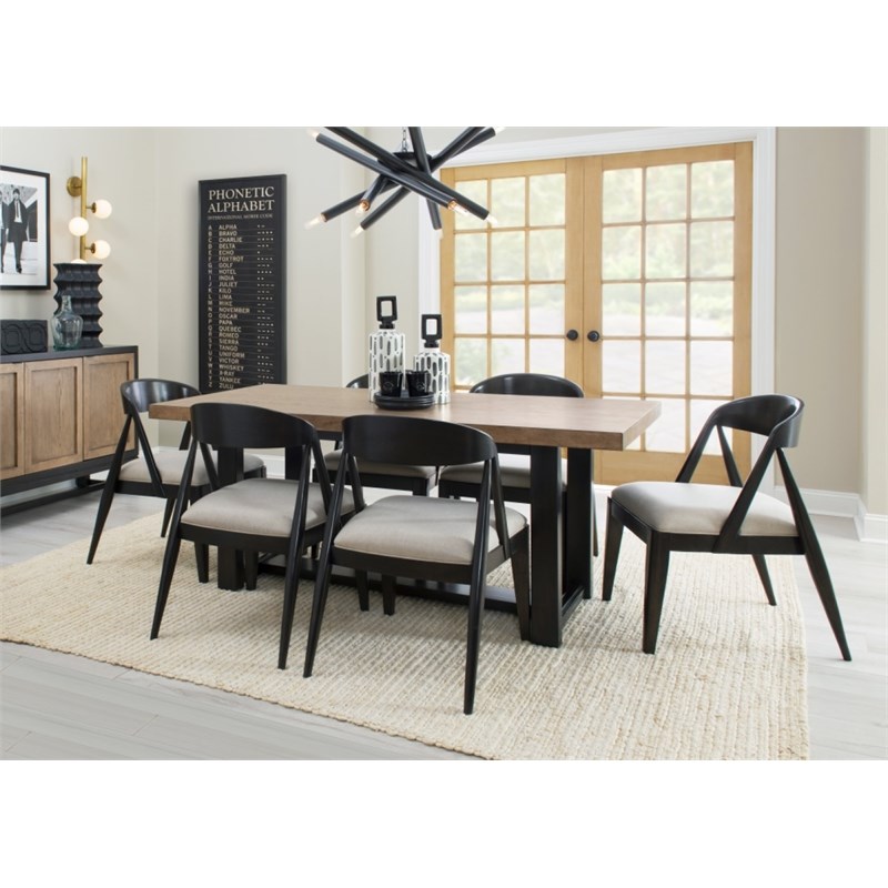 Duo Fixed Top Wood Trestle Dining Table in Light Latte and Black Bean
