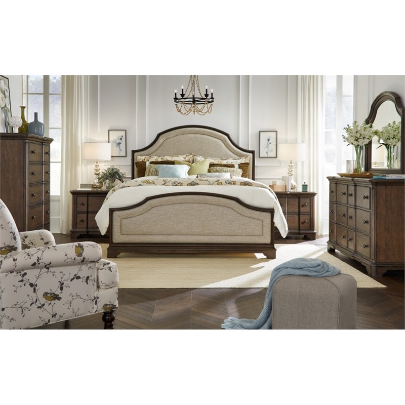Stafford Complete Wood Queen Upholstered Panel Bed in Cherry