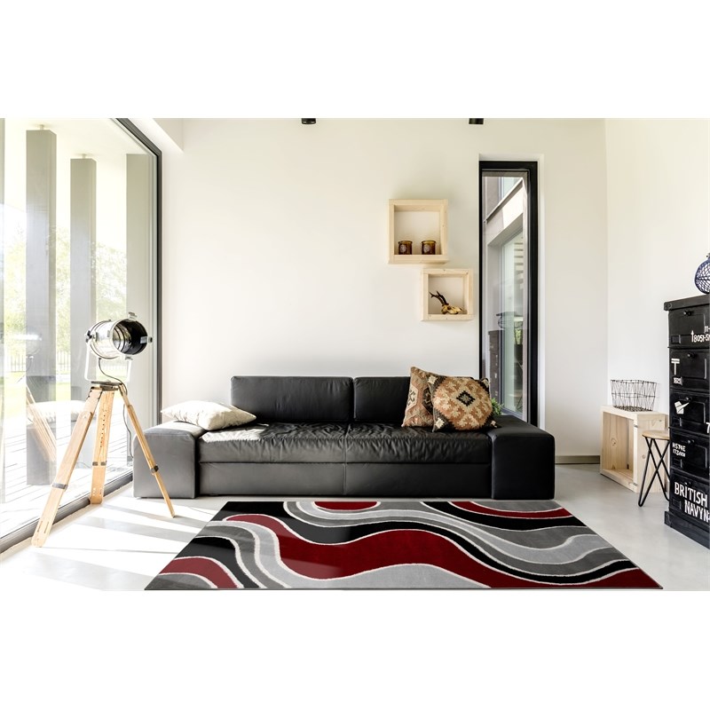 L'Baiet Sian Wavy Black Multicolor Graphic 5' x 7' Fabric Area Rug