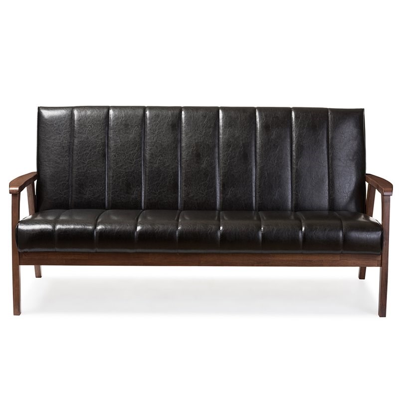Maddie Home Faux Leather Sofa in Black and Walnut