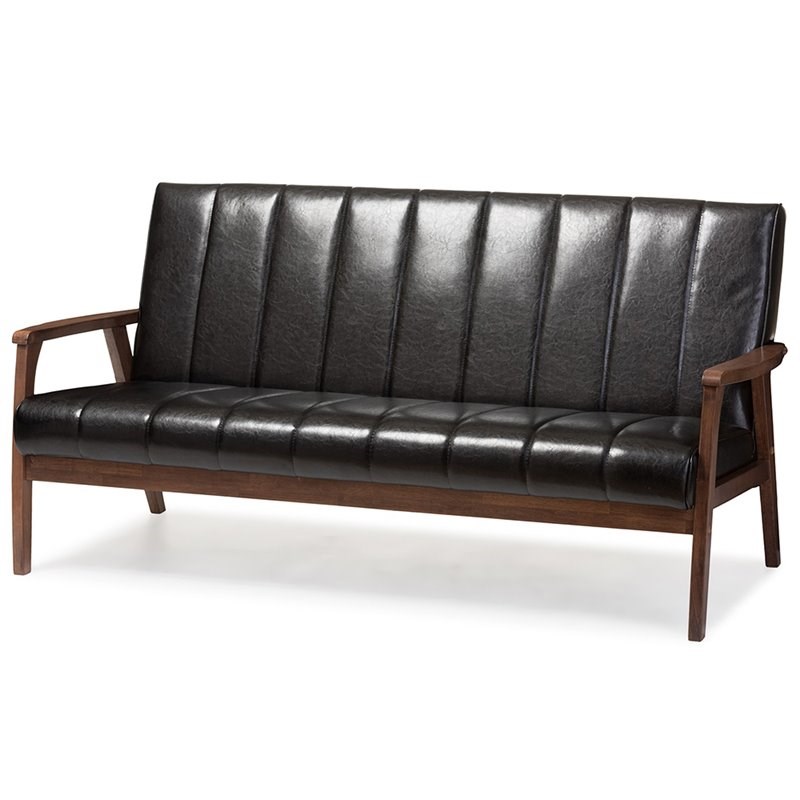 Maddie Home Faux Leather Sofa in Black and Walnut