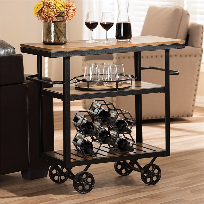 Maddie Home Bar Cart in Distressed Oak and Antique Black