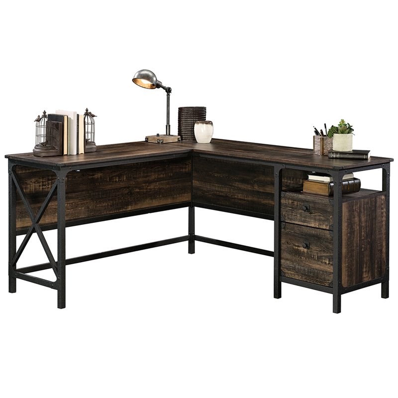 Maddie Home L Shaped Writing Desk in Carbon Oak and Black | Homesquare