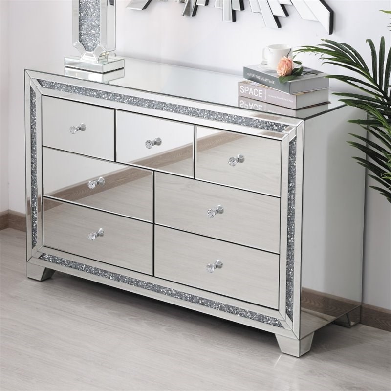 Elegant Decor Modern 7 Drawer 47" Silver Crystal Mirrored Dresser