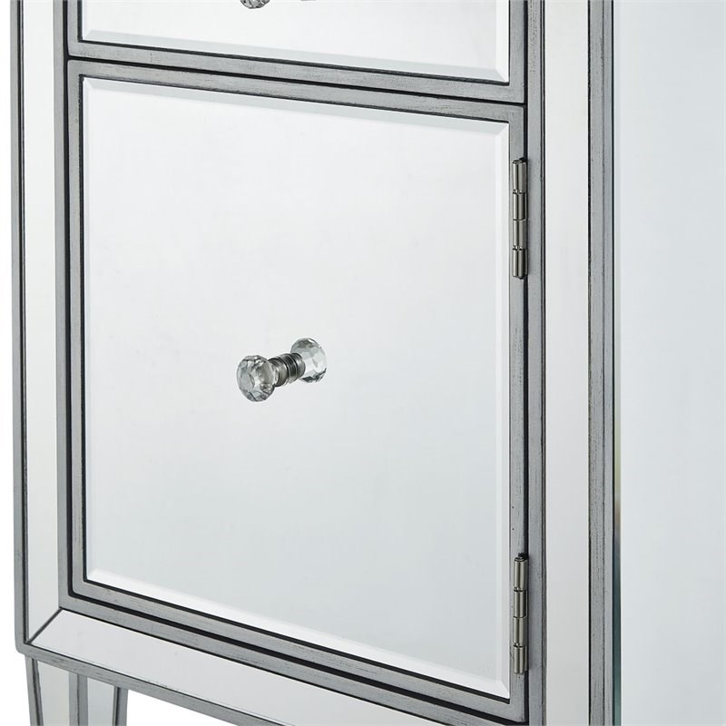 Elegant Decor Reflexion 1 Door Mirrored End Table in Antique Silver
