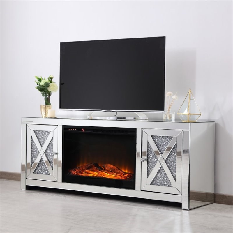 Elegant Decor Modern 59" Clear Silver Mirrored Faux Log Fireplace TV