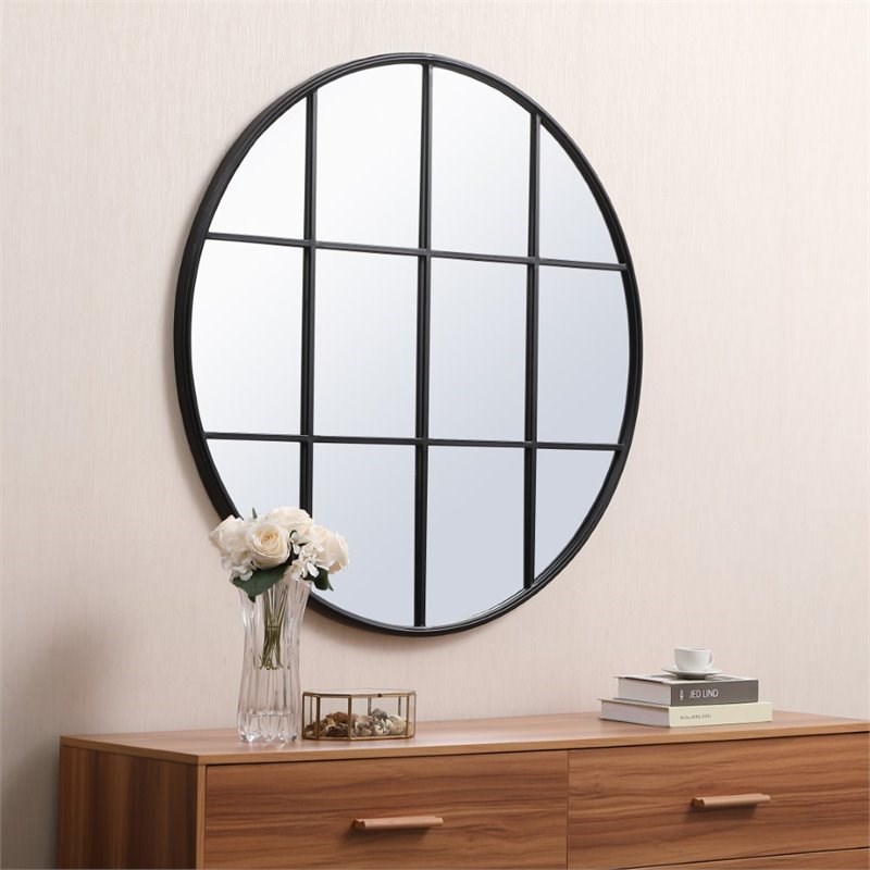 Elegant Decor Motif 42" Round Mid Century Metal Windowpane Frame Mirror