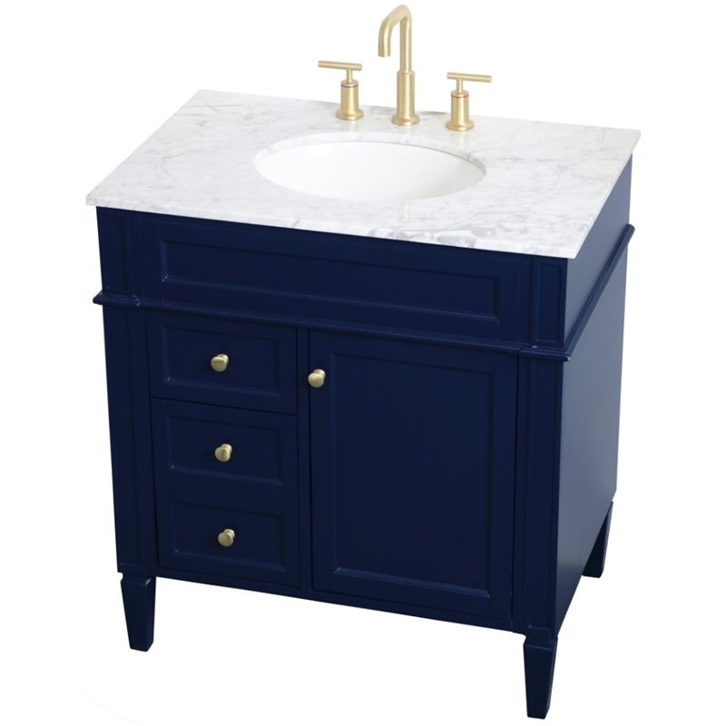 Single Marble Top Bathroom Vanity, 36 Single Sink Bathroom Vanity Blue With Carrara Marble Top