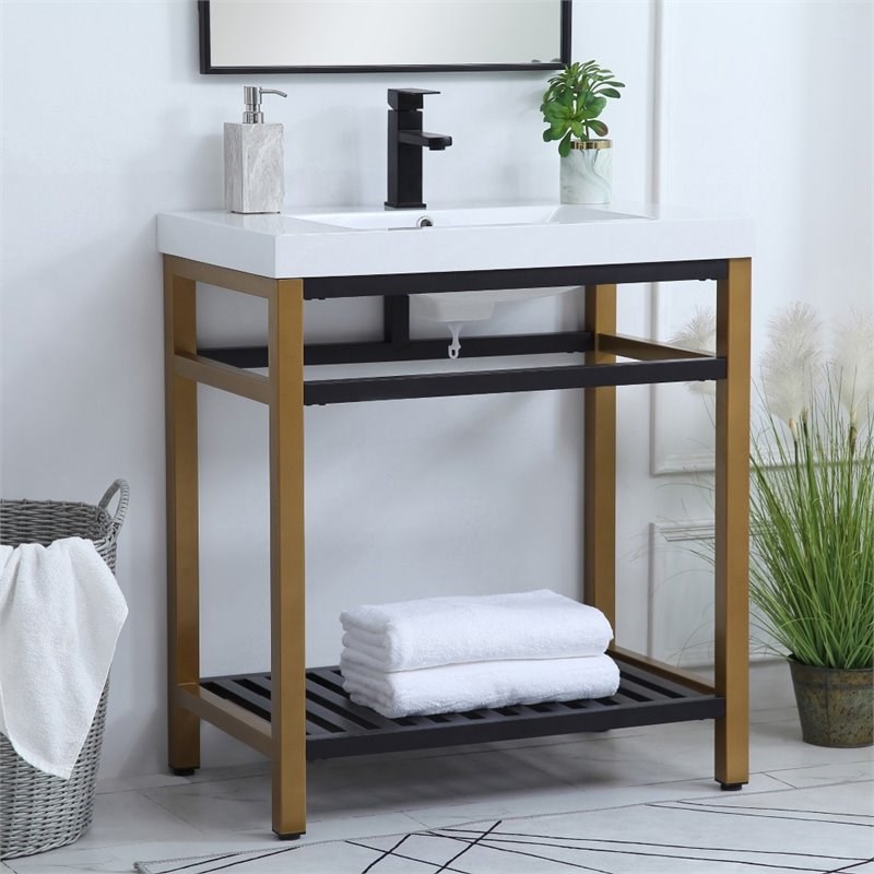 Elegant Decor Raya 30" Single Resin Top Metal Bathroom Vanity in Gold