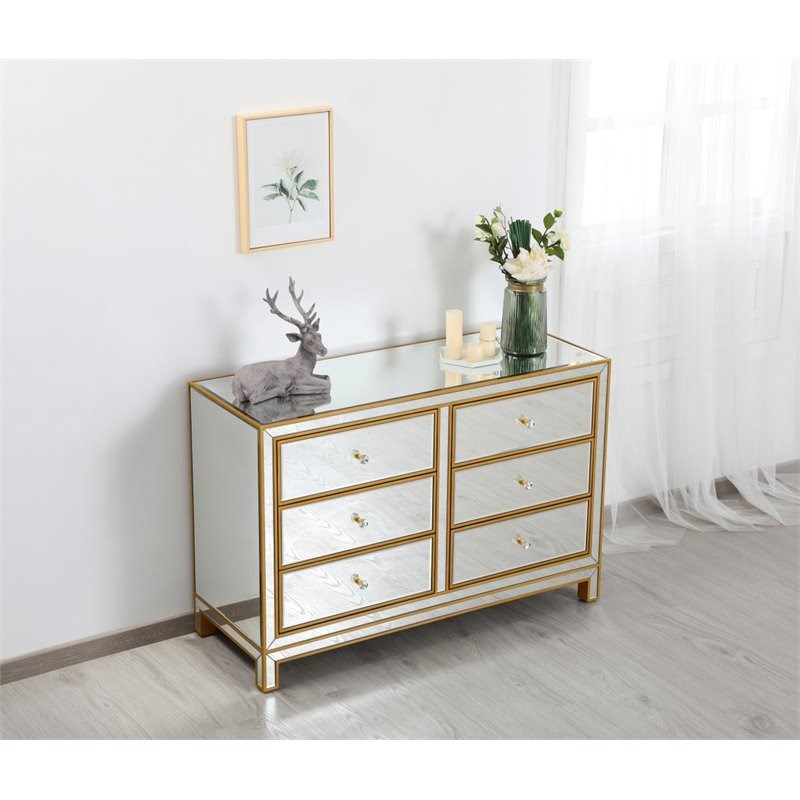 Elegant Decor Reflexion 6-Drawer Solid Wood and MDF Dresser in Gold