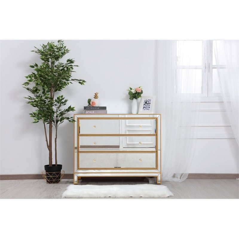 Elegant Decor Reflexion 3-Drawer Solid Wood and MDF Chest in Gold