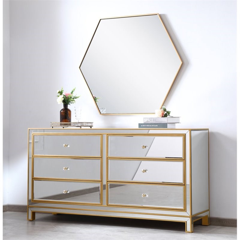 Elegant Decor Reflexion 6-Drawer Solid Wood and MDF Dresser in Gold Finish
