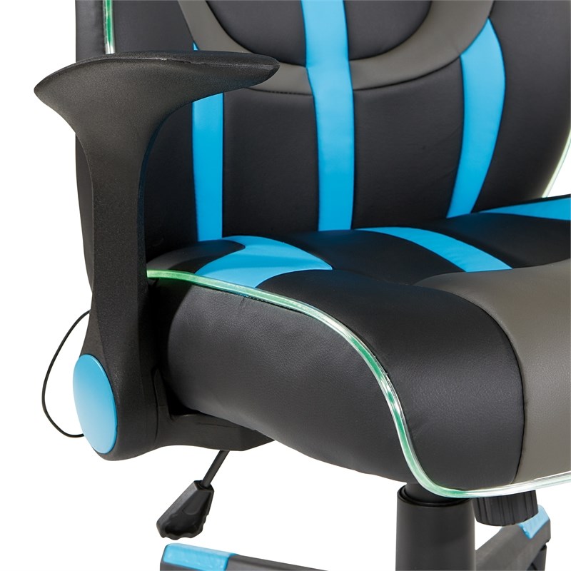 Output Gaming Chair in Black Faux Leather with LED Light Piping and Blue Trim