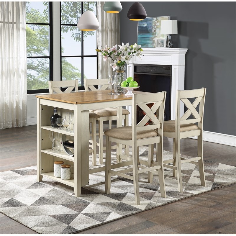 Century Dining Set with Table and 4 Stool in Antique White Finish