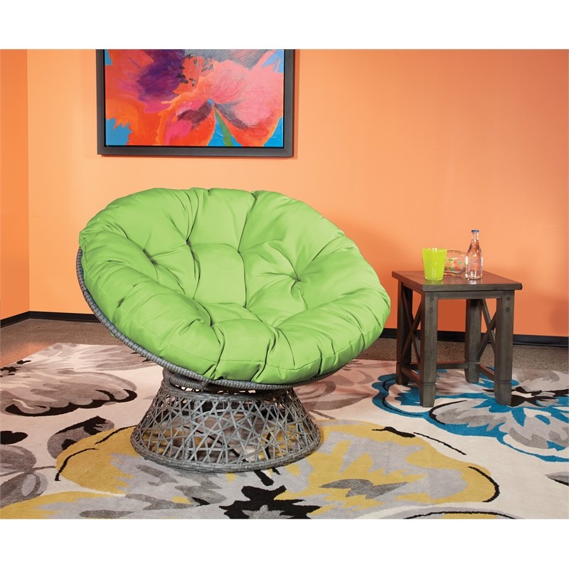 Papasan Chair with Green Fabric cushion and Black Resin Wicker Frame