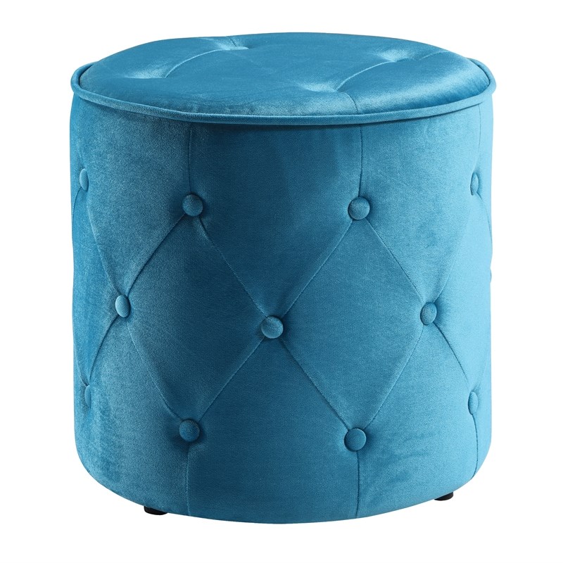 Curves Tufted Round Ottoman in Cruising Blue Fabric