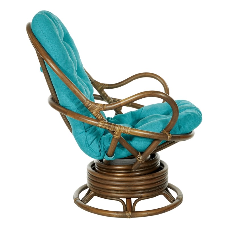 kauai rattan swivel rocker chair in blue fabric and brown rattan frame ...