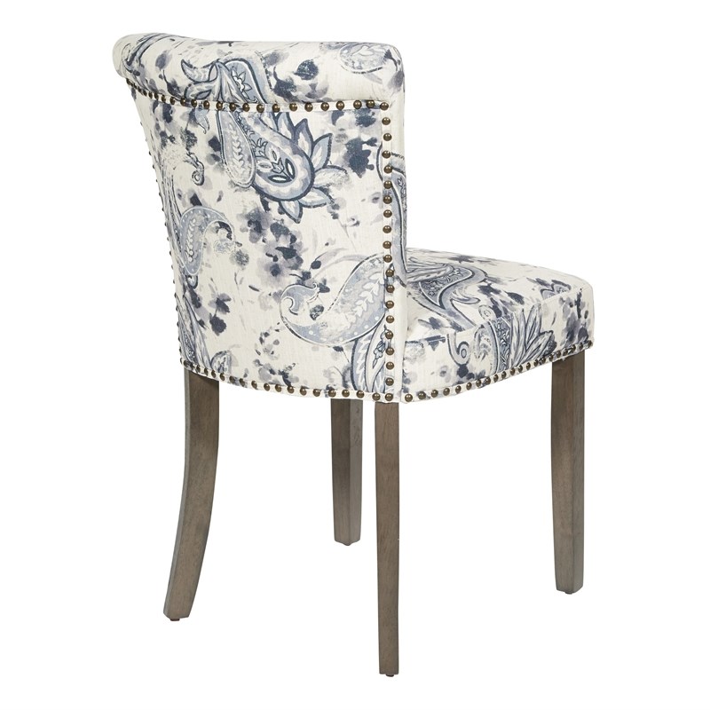 Kendal Dining Chair in Paisley Charcoal Fabric with Nailhead Detail and Wood Leg