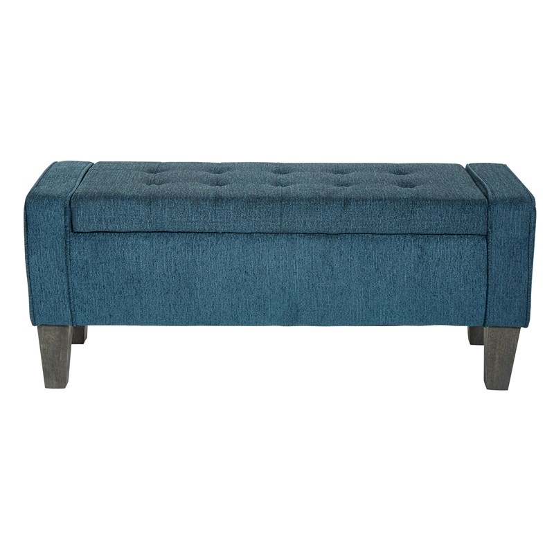 Baytown Storage Bench in Azure Blue Fabric with Grey Washed Leg Finish