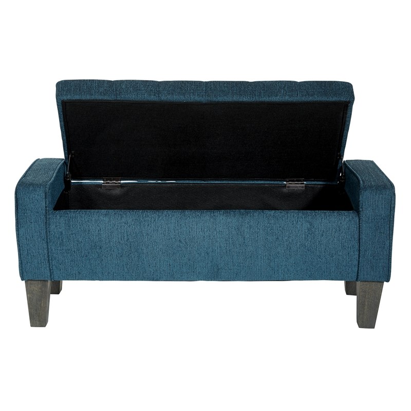 Baytown Storage Bench in Azure Blue Fabric with Grey Washed Leg Finish