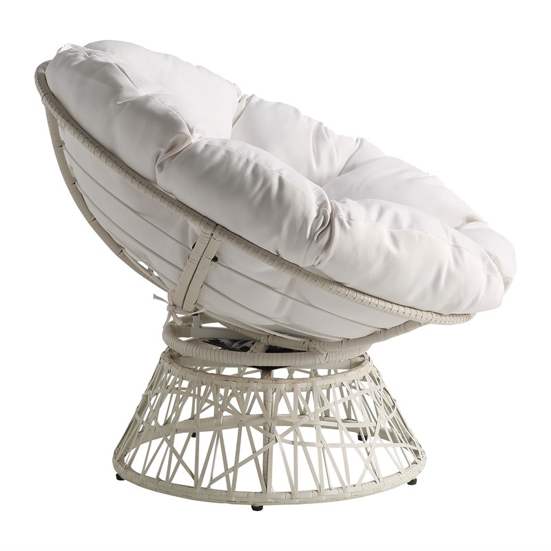 Papasan Chair with White Round Pillow Cushion and White Wicker Weave