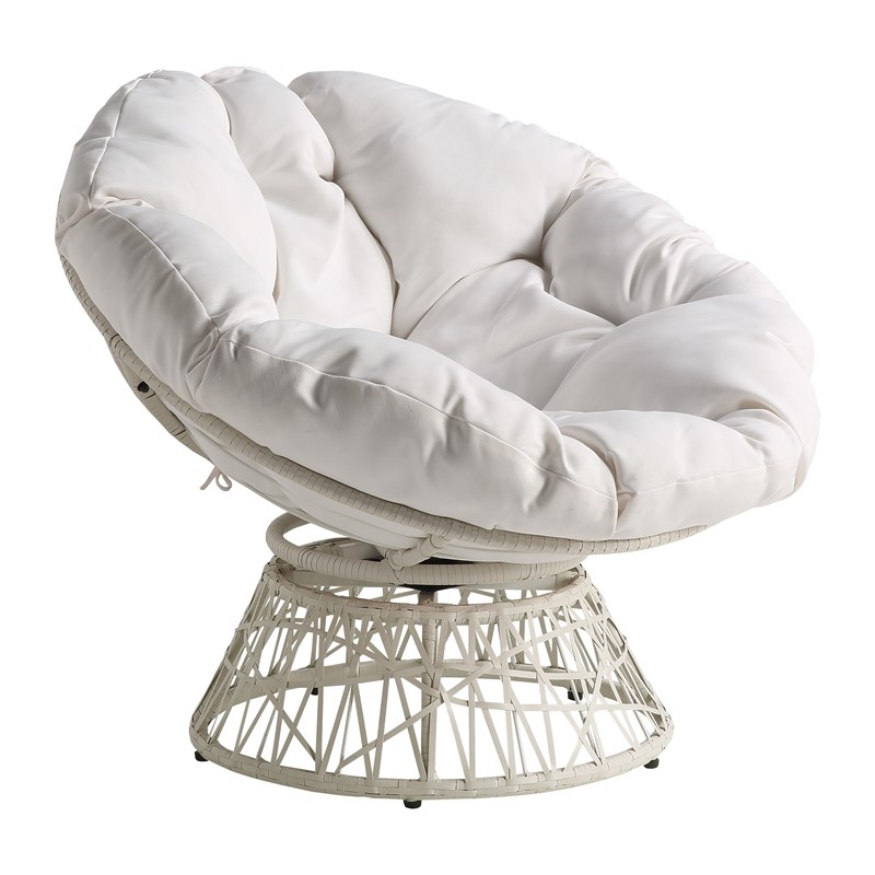 Papasan Chair with White Round Pillow Cushion and White Wicker Weave