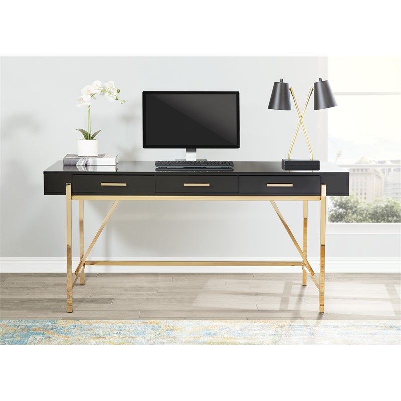 Broadway Desk with Black Gloss Finish and Gold Frame | Homesquare