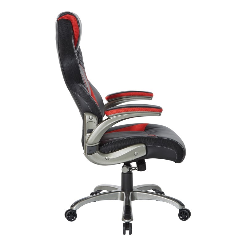 Oversite Gaming Chair in Faux Black Leather with Red Accents