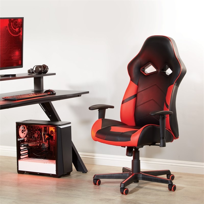Vapor Gaming Chair in Black Faux Leather with Red Accents