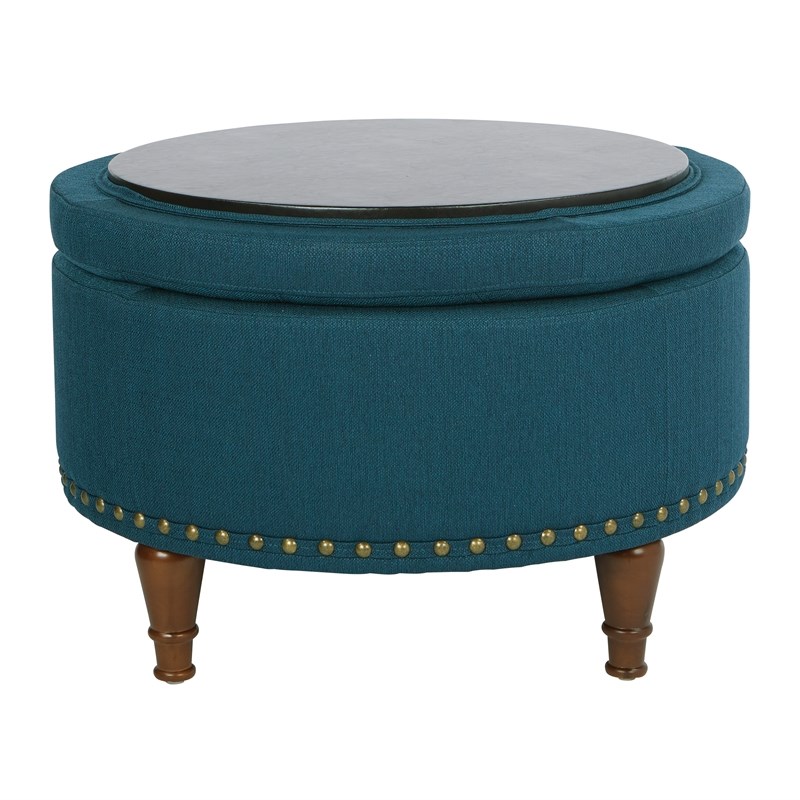 Alloway Storage Ottoman in Azure Blue Fabric with Antique Bronze Nailheads