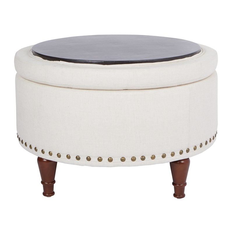 Alloway Storage Ottoman in Linen Natural Fabric with Antique Bronze Nailheads