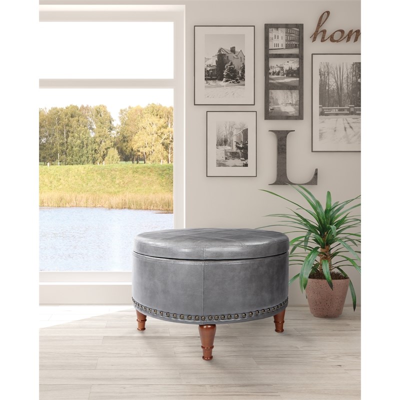 Alloway Storage Ottoman in Pewter Faux Leather with Antique Bronze Nailheads